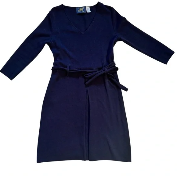 Le Mont St Michel Wool knit pleat french v neck belt tie navy dress Sz 8 - Picture 2 of 6